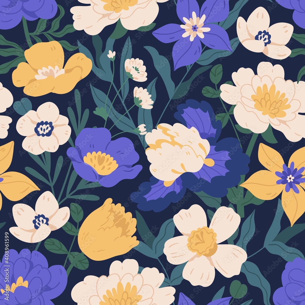 Poster Elegant seamless floral pattern with irises, peonies, daffodils and anemones. Endless design with gorgeous flowers for printing. Repeatable botanical dark backdrop. Colorful flat vector illustration