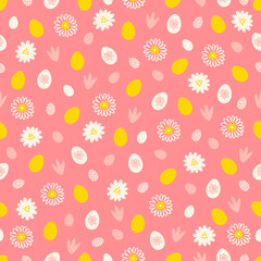 Easter seamless pattern with chamomile and eggs. Scandinavian style