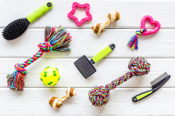 Pet toys and accessories for dogs, overhead view