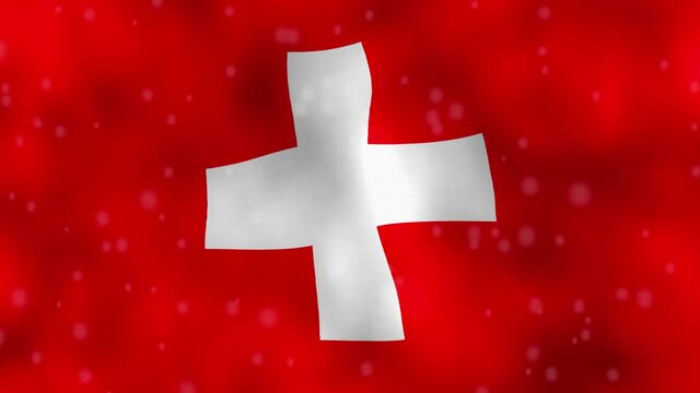 Realistic animated. waving Swiss flag with heavy snowfall in front