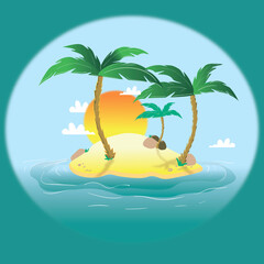 paradise vector illustration. sunrise, blue sea, palm. Image for postcard, card, creative 
advertising