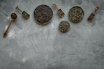 Different herbal and fruit tea, top view, copy space