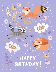 Happy birthday greeting card with cute foxes and raccoon. Childish vector illustration.