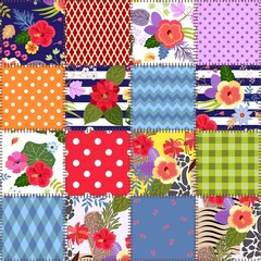 Colorful seamless patchwork pattern from stitched square patches with bright tropical flowers and geometric ornaments.