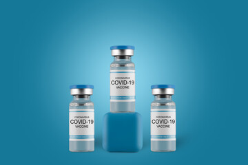 . The fight of modern medicine against the pandemic. Vaccination of humanity. Creative design for coronavirus vaccine background. Vaccine vial on a blue background.