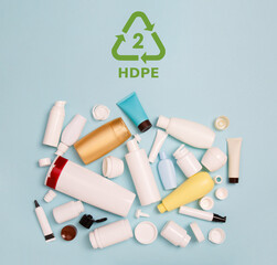 Guide for separate collection of HDPE bottles from cosmetics for recycling. Symbol of High-Density...