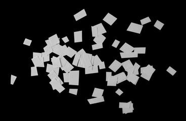 White shredded paper scraps, strips isolated on black background with clipping path, top view