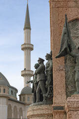 Taksim Mosque and Taksim Republic Monument in Istanbul. New and old Turkey. Taksim Square. Symbols of Istanbul. Mosque's of Istanbul. 