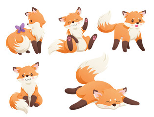 Cut set of cartoon with a cute little fox and butterfly hand drawn childish. Vector illustration.