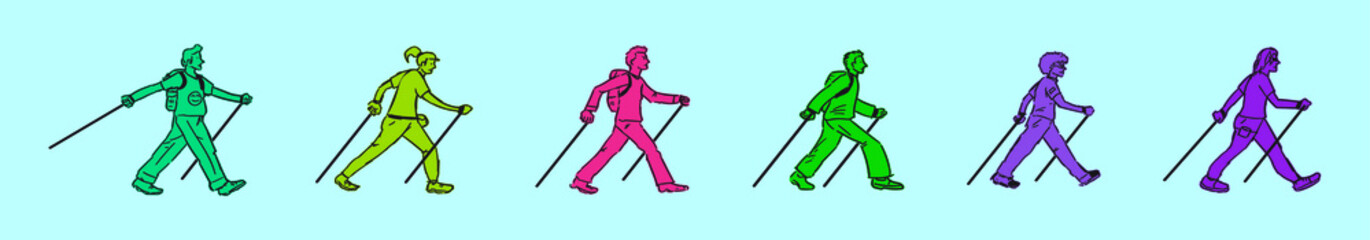 set of nordic walking cartoon icon design template with various models. vector illustration isolated on blue background