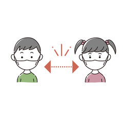 ソーシャルディスタンスをまもるマスクをした子供　ベクター