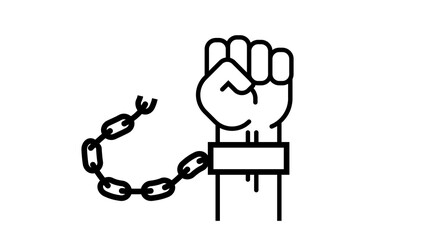 Man fist, human hand raised up, art concept of resistance, strength, majority, fight, defending rights of society. Broken chains, freedom from shackles Vector Isolated line illustration