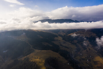 Beautiful winter nature aerial in the Carpathian Mountains, inspiration landscape realtime. Aerial panoramic drone shot