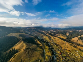 Beautiful winter nature aerial in the Carpathian Mountains, inspiration landscape realtime. Aerial panoramic drone shot