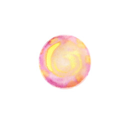 Watercolor pink-yellow round spot isolated on white background. Abstract moon. Peach blush. Blurred background. Blurred background. fluid texture