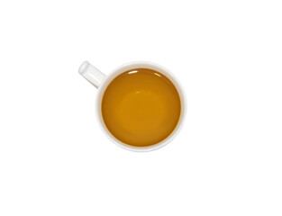 White cup of herbal tea top view isolated on a white background