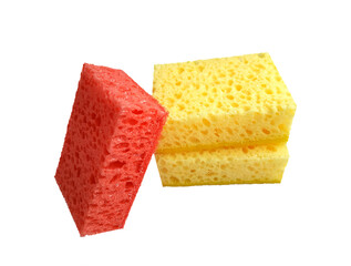 Red and yellow washing sponges isolated on a white background