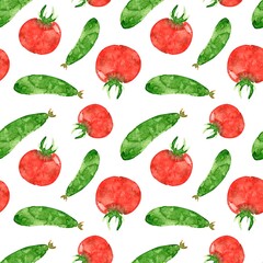 Seamless pattern with watercolor tomatoes and cucumbers. Background with vegetables, farm products from the vegetable garden, healthy food.