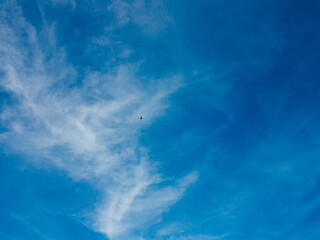 Fototapeta na wymiar Airplane against the background of a blue sky with light rare clouds. Flight