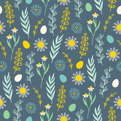 Easter seamless pattern with chamomile, eggs, leaves, flowers, branches