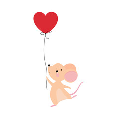Cute Mouse with Pointed Snout and Rounded Ears Holding Rope of Red Toy Balloon Vector Illustration