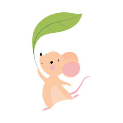 Funny Mouse with Pointed Snout and Rounded Ears Dancing with Green Leaf Vector Illustration
