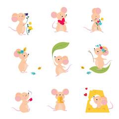 Cute Mouse with Pointed Snout and Rounded Ears Holding Heart and Nibbling Cheese Slab Vector Set