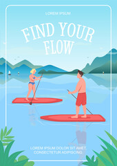 Find your flow poster flat vector template. Different summer activities during holidays. Brochure, booklet one page concept design with cartoon characters. Water sports equipment flyer, leaflet