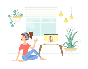 Girl Practicing Yoga while Watching Online Class on Laptop Computer, Young Woman Doing Exercise at Home Cartoon Vector Illustration