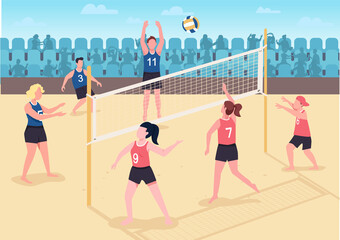 People playing volleyball on beach flat color vector illustration. Visitors spending their free holiday time outdoor. Volleyball players 2D cartoon characters with shouting fans on background