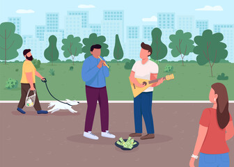 Street music playing flat color vector illustration. Collecting money with your favourite hobby. Special perfomance in park. Talanted musicians 2D cartoon characters with huge megapolis on background