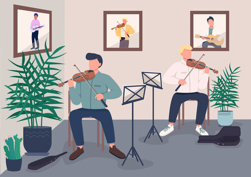 Studio music playing flat color vector illustration. Recording melodies to sell them later. Live radio perfomance. Talanted violonist 2D cartoon characters with modern studio on background