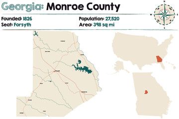 Obraz premium Large and detailed map of Monroe county in Georgia, USA.