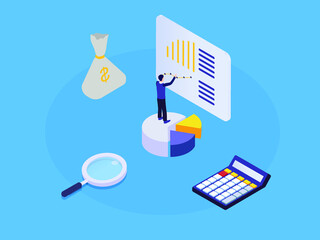 Businessman with business chart 3D isometric vector concept for banner, website, illustration, landing page, flyer, etc