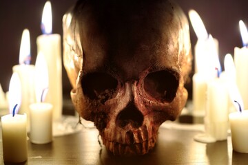 Human skull against dark background in candle light closeup