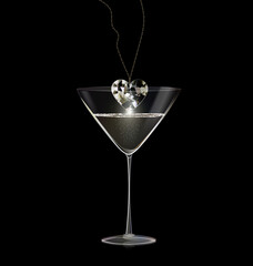 black background and glass of wine with jewel pendant diamond