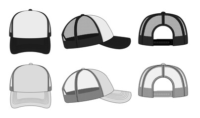 trucker cap / mesh cap template illustration (white & black). - obrazy, fototapety, plakaty