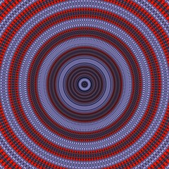 Bright abstract kaleidoscope background from circles in red blue colors. Digitally generated image in psychedelic meditative style. Elegant knitted fabric texture imitation. Decorative concepts. 
