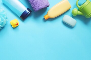 Flat lay photography soap supplies, baby care products, natural cosmetics for hair care and...