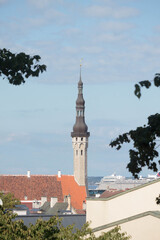 Obraz premium View of the famous Saint Nicholas church (Niguliste) with red roofs and castle in medieval walled old town of Tallinn Estonia in the Baltics region of Northern Europe