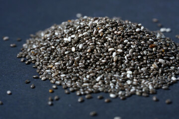 Chia seeds photographed in the studio in detail against black background