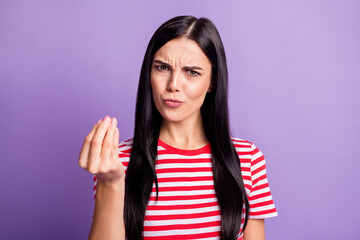 Photo of offended frustrated girl frowning hold fingers wear striped red shirt isolated violet color background