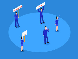 Unemployment rally 3D isometric vector concept for banner, website, illustration, landing page, flyer, etc