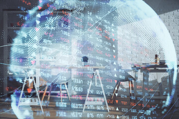 Double exposure of business theme drawing and office interior background. Concept of success