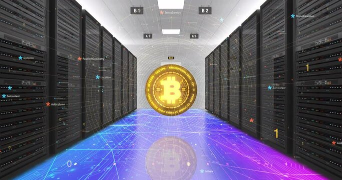 Bitcoin Monetary Cryptocurrency Technology. High Tech Super Computers Mining. Technology And Business Related 3D Animation.
