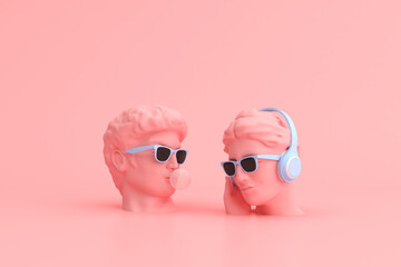 Fototapeta Minimal scene of sunglasses and headphone on human head sculpture, Music concept, 3d rendering. obraz