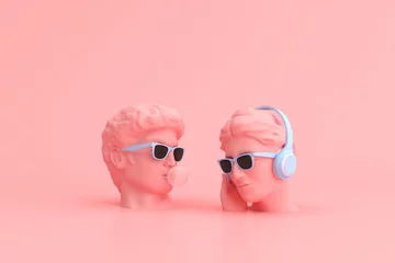 Poster Minimal scene of sunglasses and headphone on human head sculpture, Music concept, 3d rendering. © nuchao