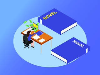 Novel writer making money 3D isometric vector concept for banner, website, illustration, landing page, flyer, etc
