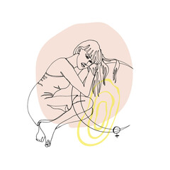 Single line drawing of sitting beautiful woman with moon and venus sign on abstract geometric neutral background. Isolated on white. Stock vector illustration.