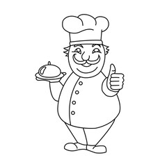 Cheerful chef with a dish. Cooking illustration for signboard menu of cafe, restaurant. Vector illustration